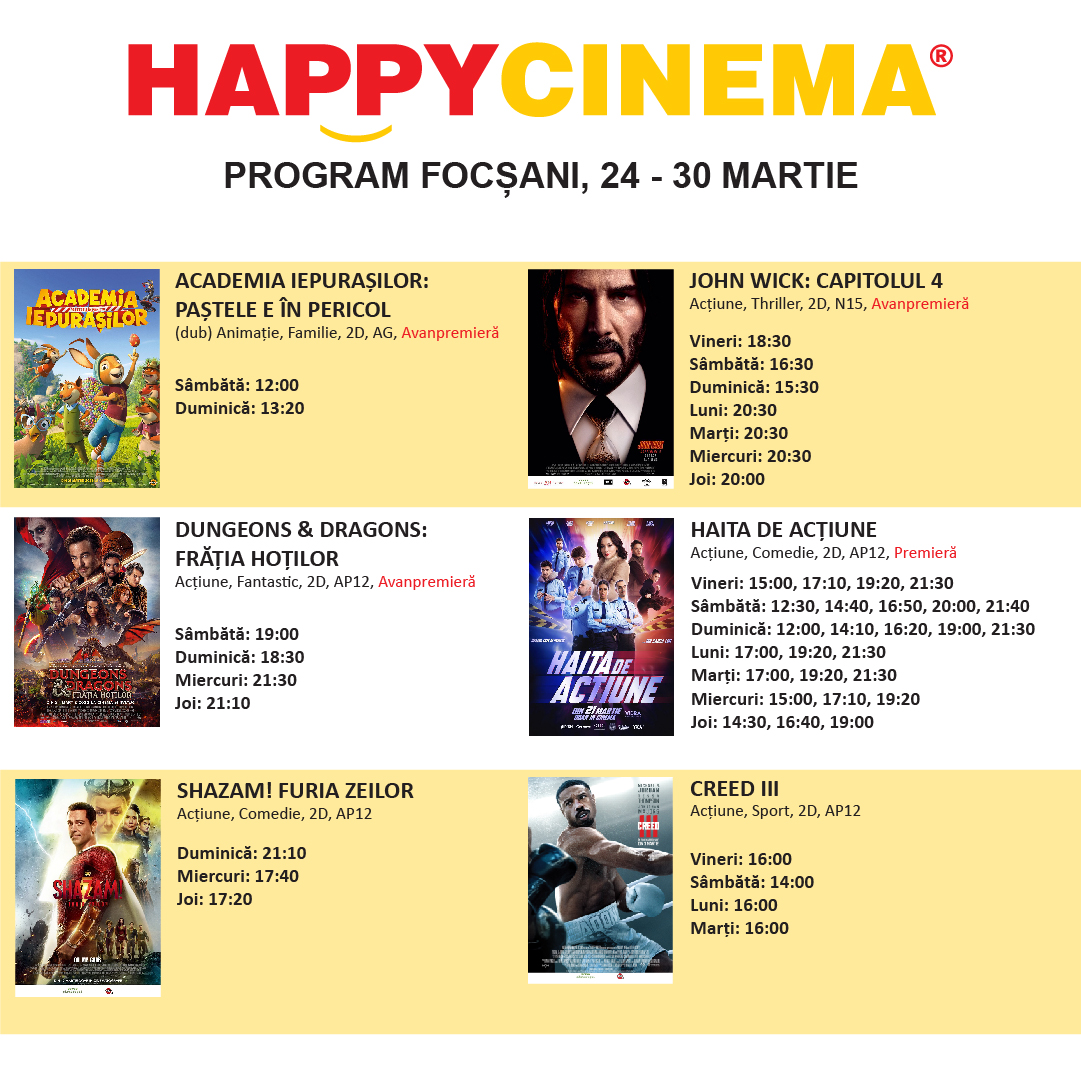 Program Happy Cinema Focșani, 24- 30 martie 2023